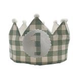 Corona de cumpleaños infantil con estampado vichy clásico, ajustable y reutilizable para fiestas y fotos