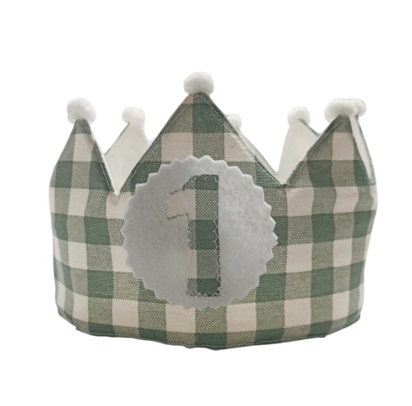 Corona de cumpleaños infantil con estampado vichy clásico, ajustable y reutilizable para fiestas y fotos