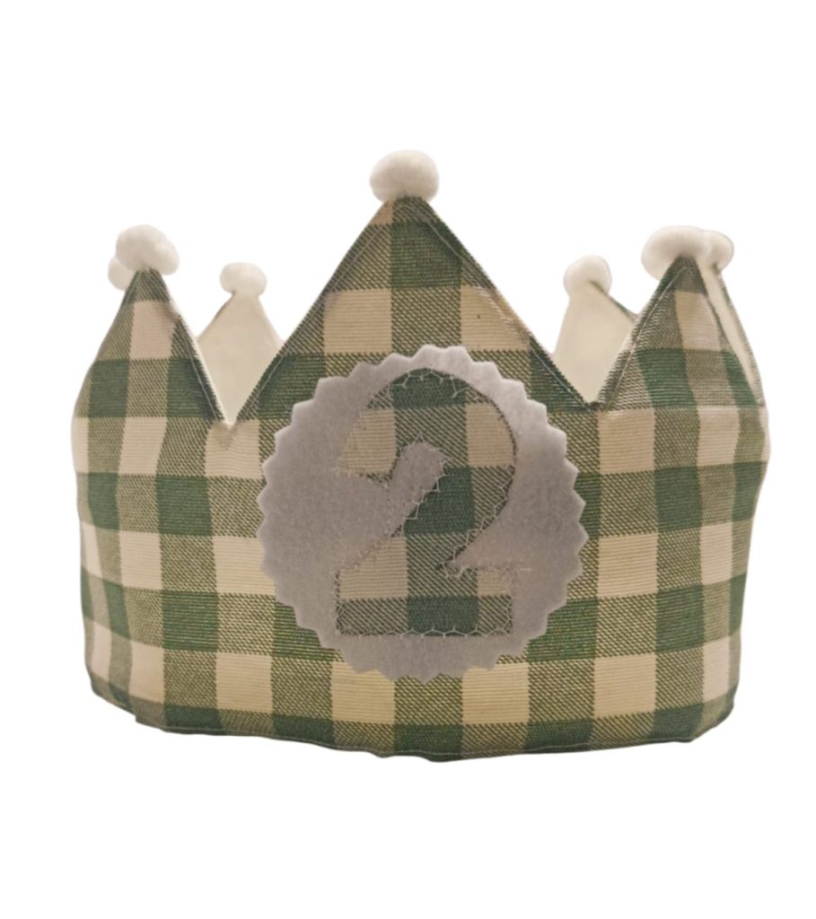 Corona de cumpleaños infantil con estampado vichy clásico, ajustable y reutilizable para fiestas y fotos