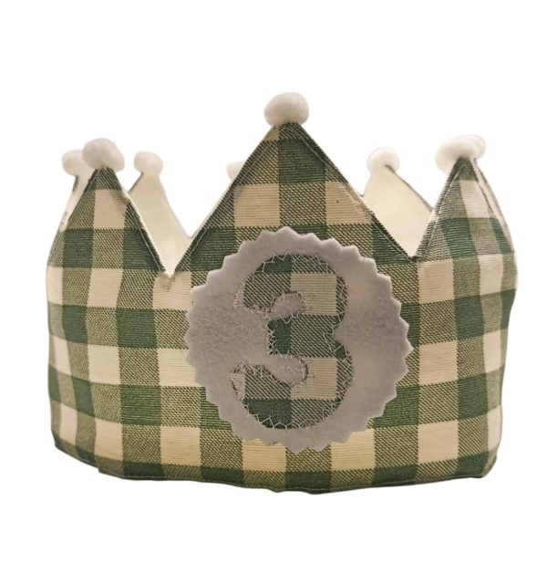 Corona de cumpleaños infantil con estampado vichy clásico, ajustable y reutilizable para fiestas y fotos