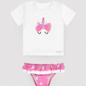 Conjunto de baño para niña con camiseta y culetín a juego, diseño unicornio, tejido elástico y de secado rápido
