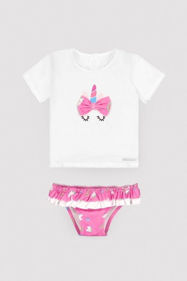 Conjunto de baño para niña con camiseta y culetín a juego, diseño unicornio, tejido elástico y de secado rápido