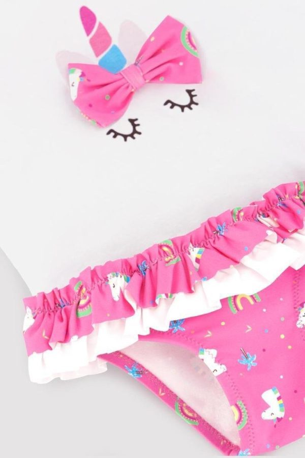 Conjunto de baño para niña con camiseta y culetín a juego, diseño unicornio, tejido elástico y de secado rápido